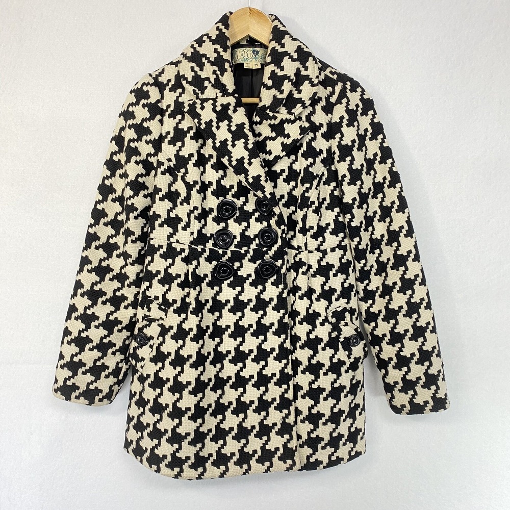 Jolt Women Medium Coat Jacket Black Houndstooth Pea Coat Vintage Style